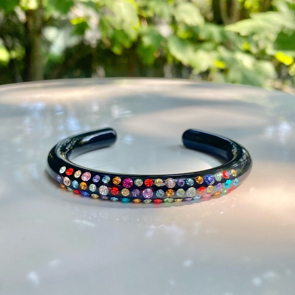 Black Acrylic Cuff Bracelet For Women With Mixed Swarovski Crystals by Lara Glam - Picture 11 of 13